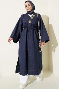 Long Coat with Brooch and Tie Closure Denim