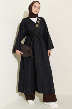 Long Coat with Brooch and Tie Closure Dark Navy