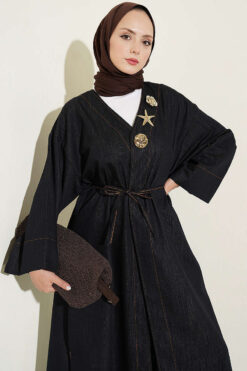 Alternative view of Long Coat with Brooch and Tie Closure Dark Navy
