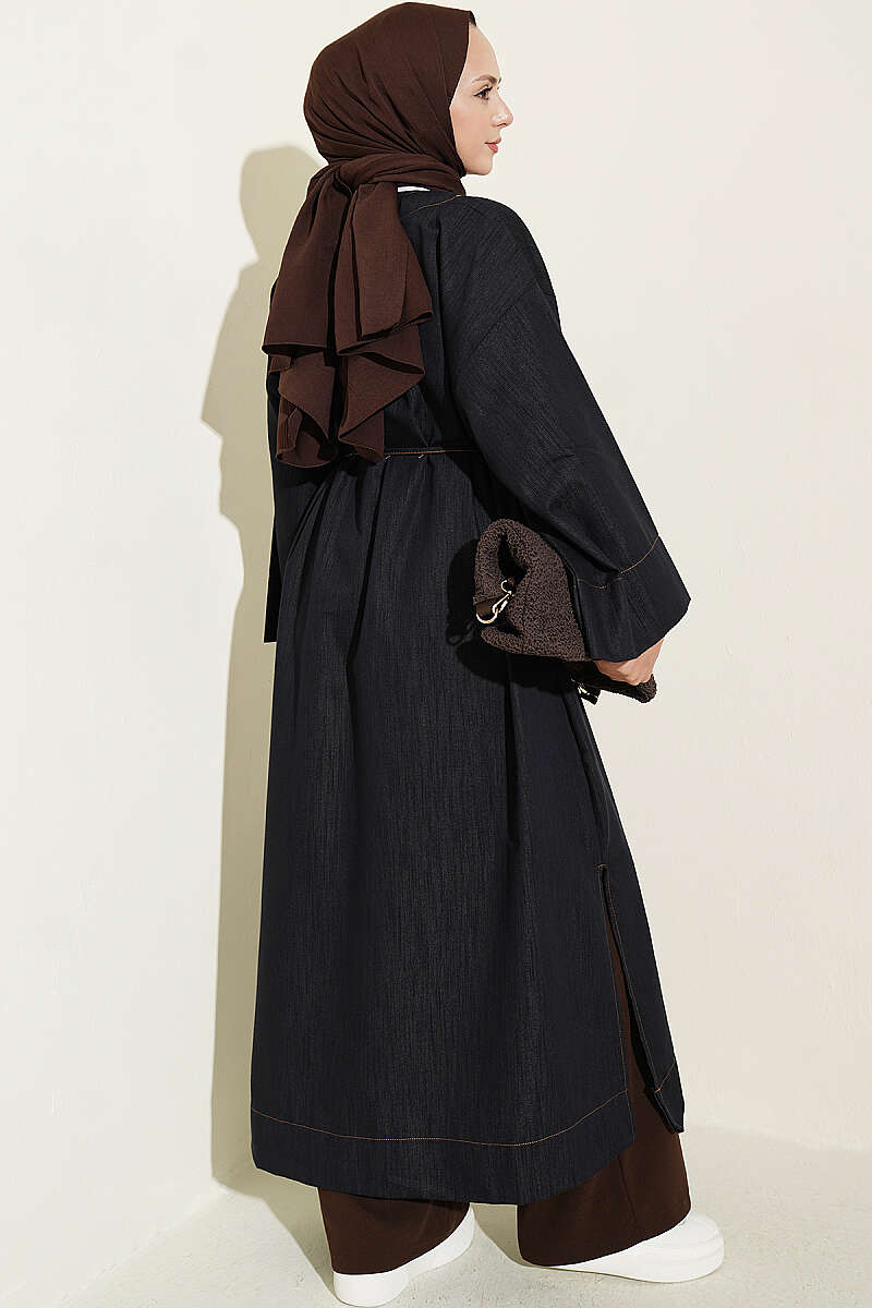 Long Coat with Brooch and Tie Closure Dark Navy – Bild 3