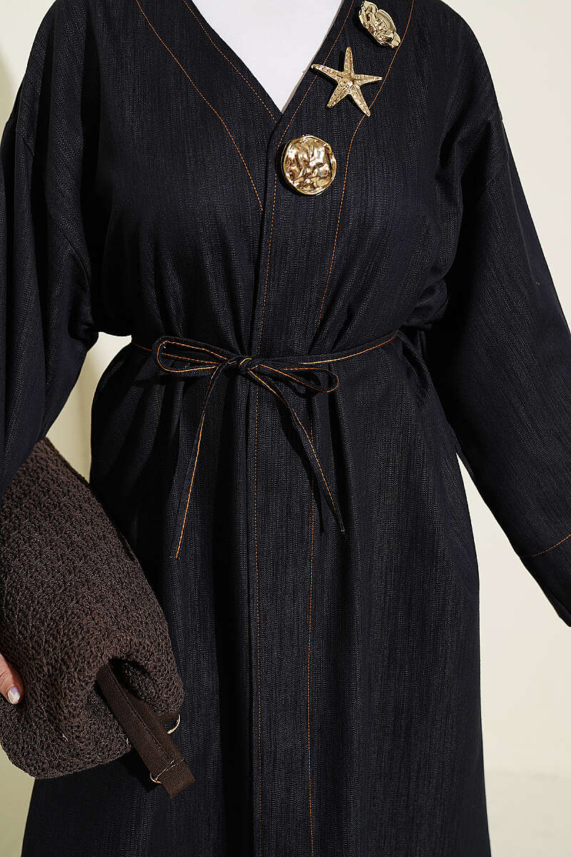 Long Coat with Brooch and Tie Closure Dark Navy – Bild 4