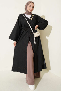Long Coat with Brooch and Tie Closure Black