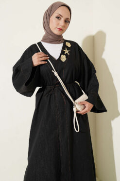 Alternative view of Long Coat with Brooch and Tie Closure Black