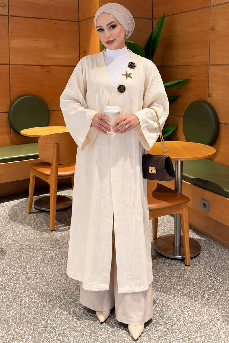 Long Knit Cardigan with Brooch Ecru