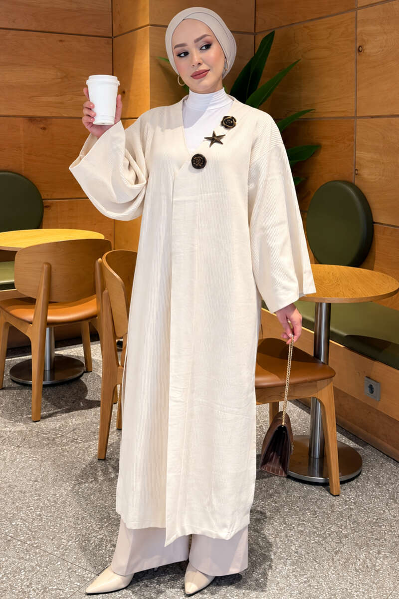Long Knit Cardigan with Brooch Ecru - الصورة 2