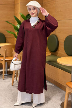 Alternative view of Long Knit Cardigan with Brooch Plum