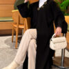Long Knit Cardigan with Brooch Black