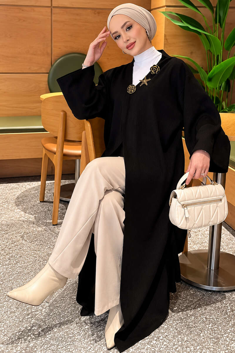 Long Knit Cardigan with Brooch Black