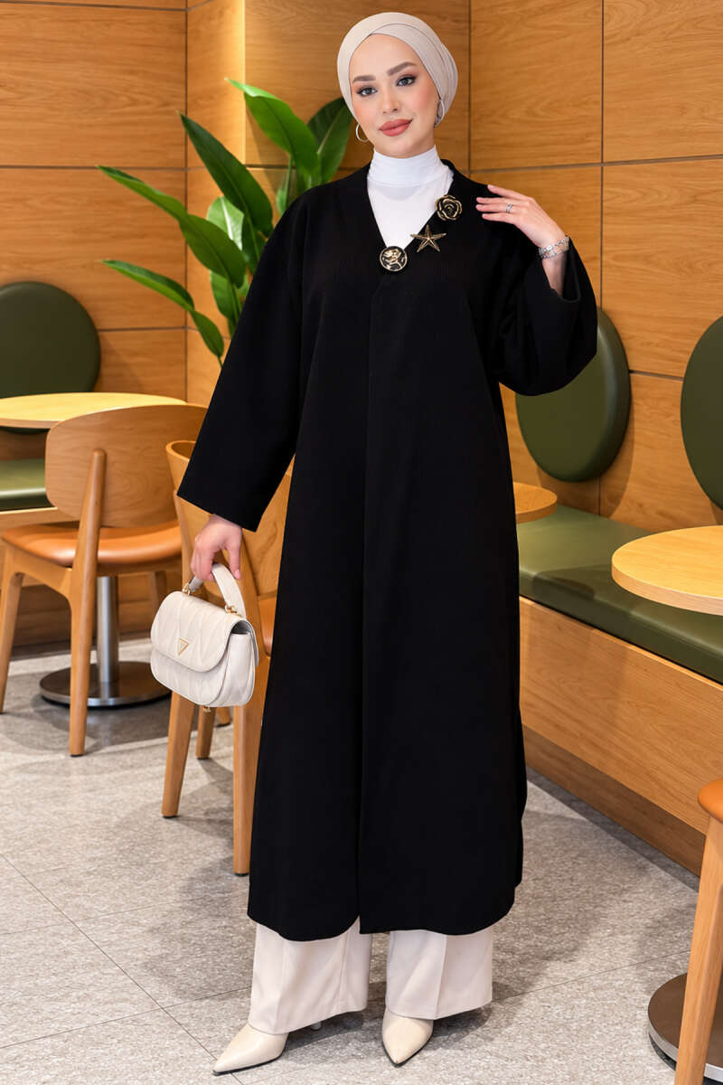 Long Knit Cardigan with Brooch Black - immagine 2