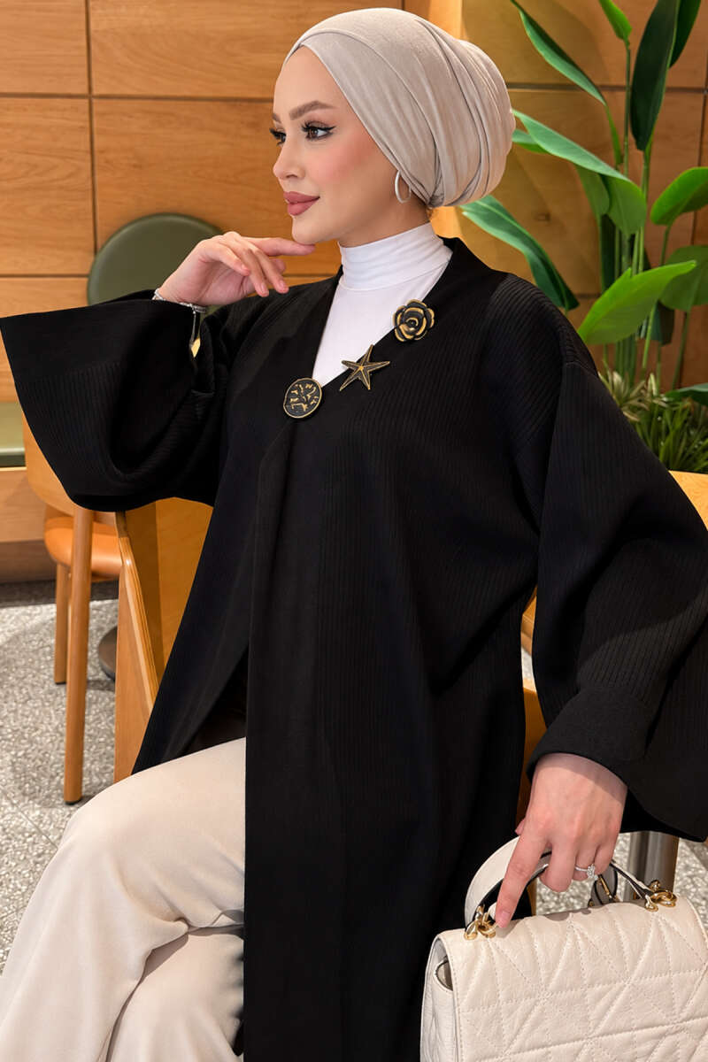 Long Knit Cardigan with Brooch Black - immagine 3