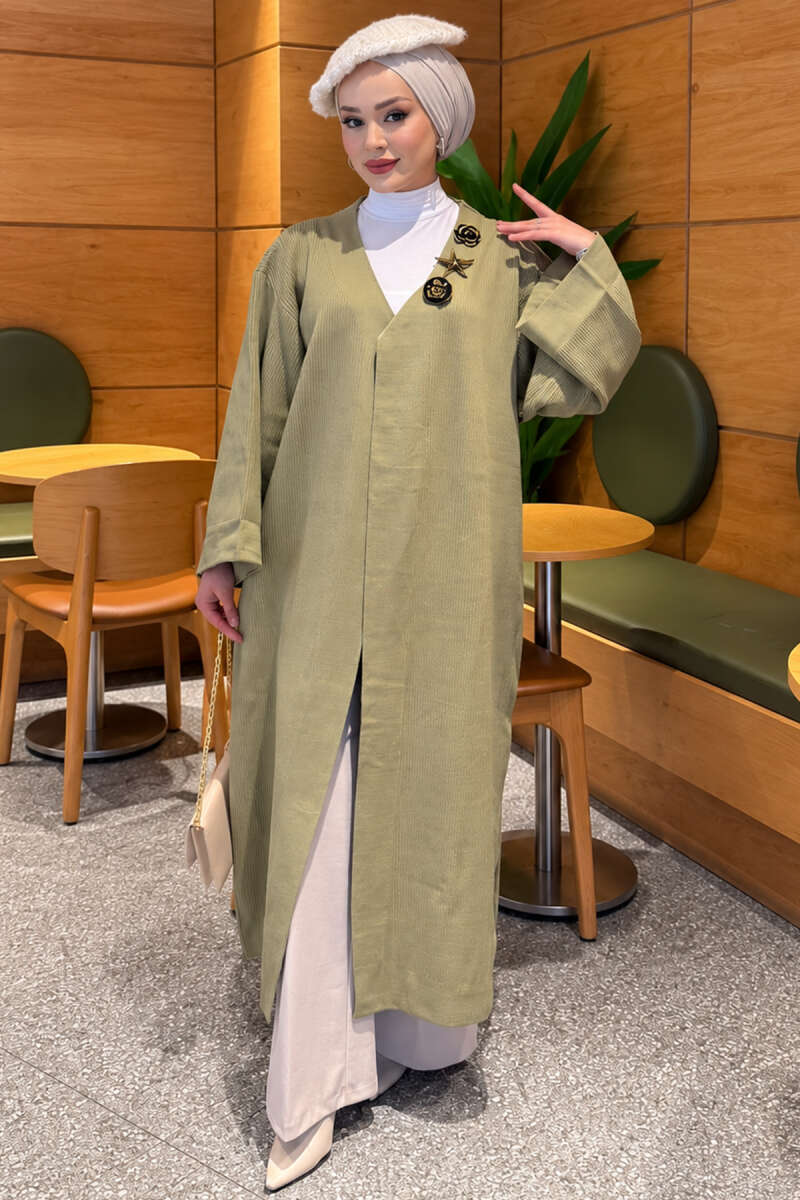Long Knit Cardigan with Brooch Oil Green