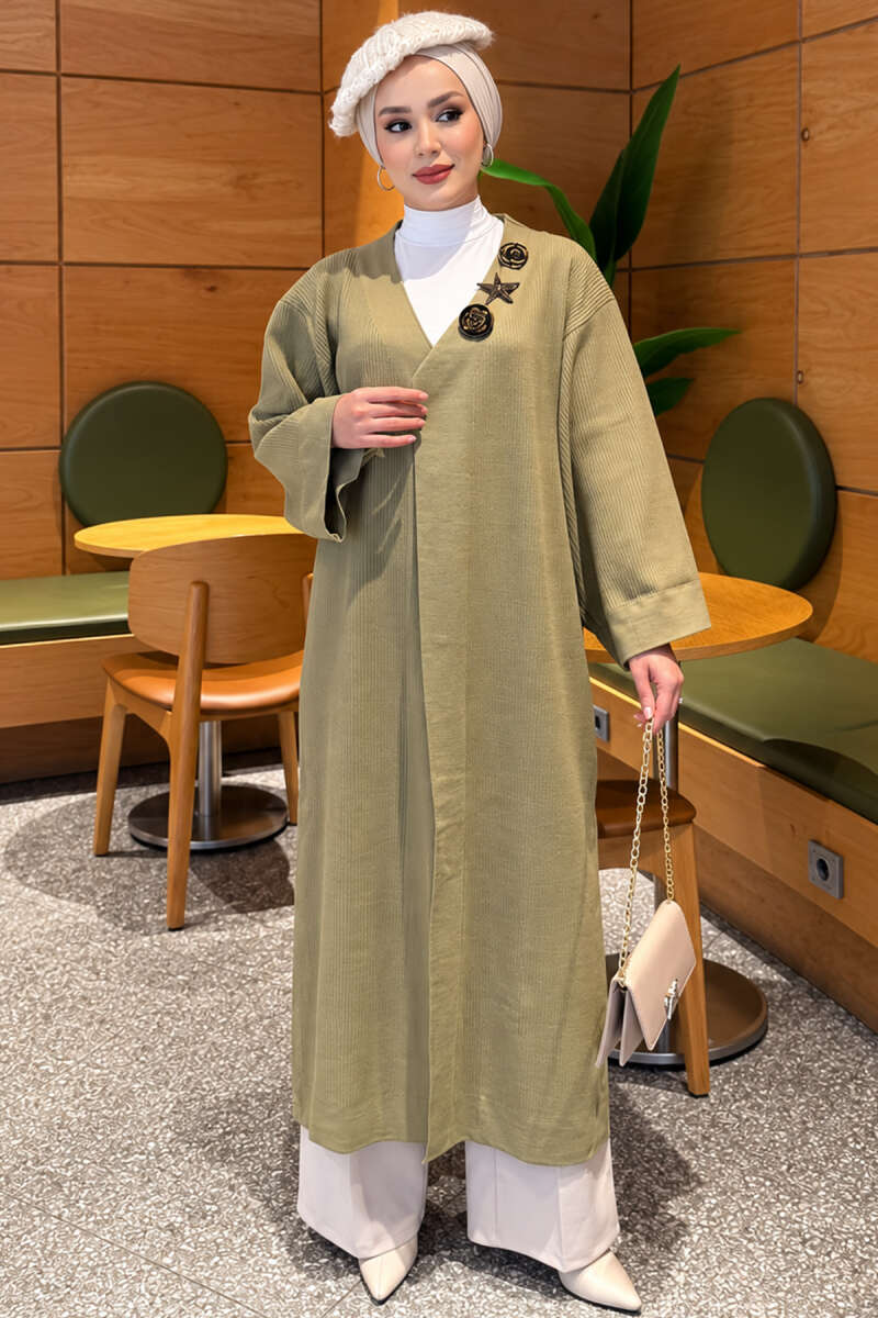 Long Knit Cardigan with Brooch Oil Green - الصورة 2