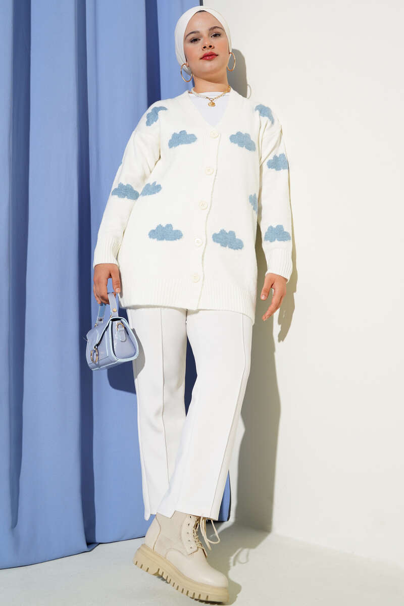 Cloud Pattern Button-Up Knit Cardigan Ecru - immagine 2