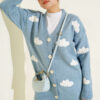 Cloud Pattern Button-Up Knit Cardigan Blue