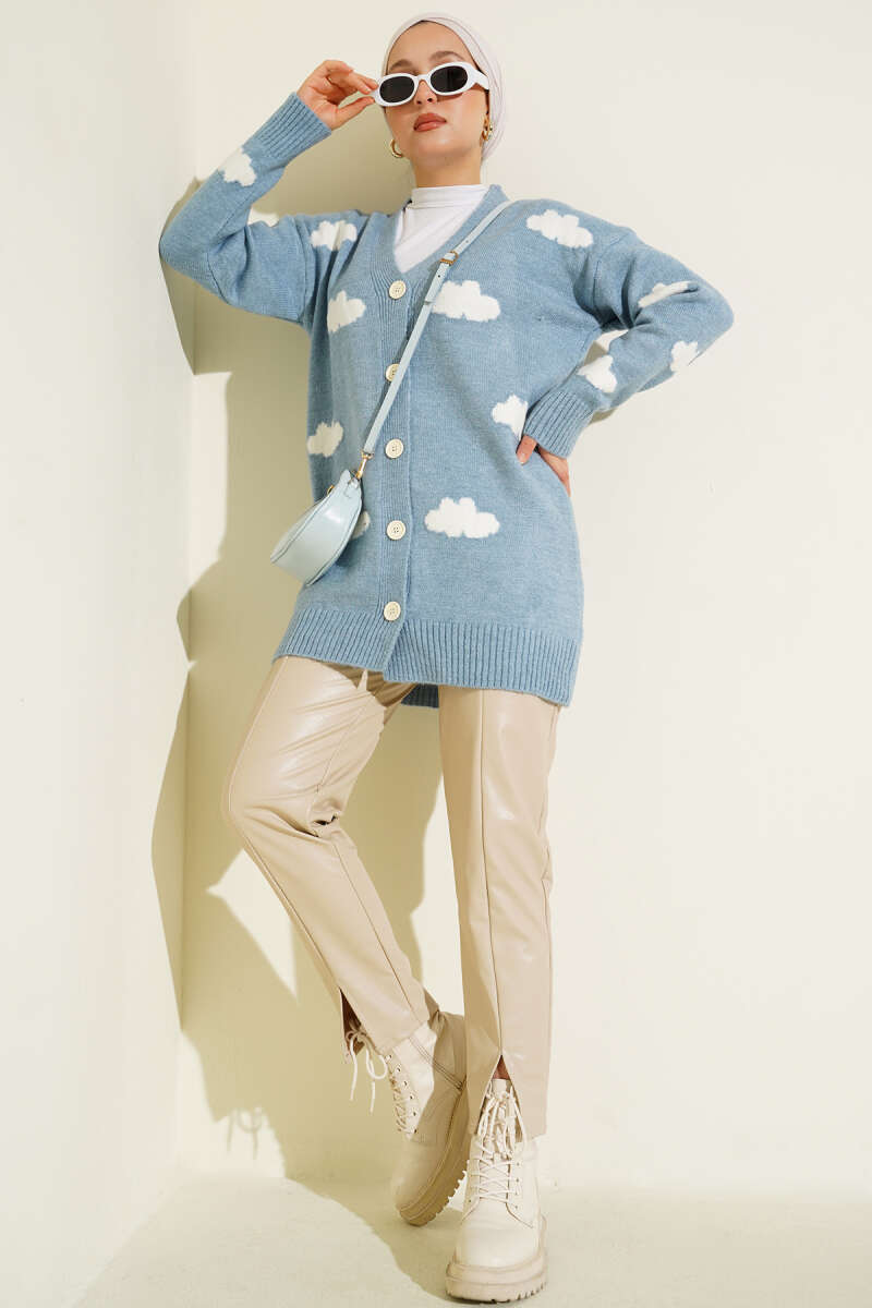 Cloud Pattern Button-Up Knit Cardigan Blue - الصورة 2