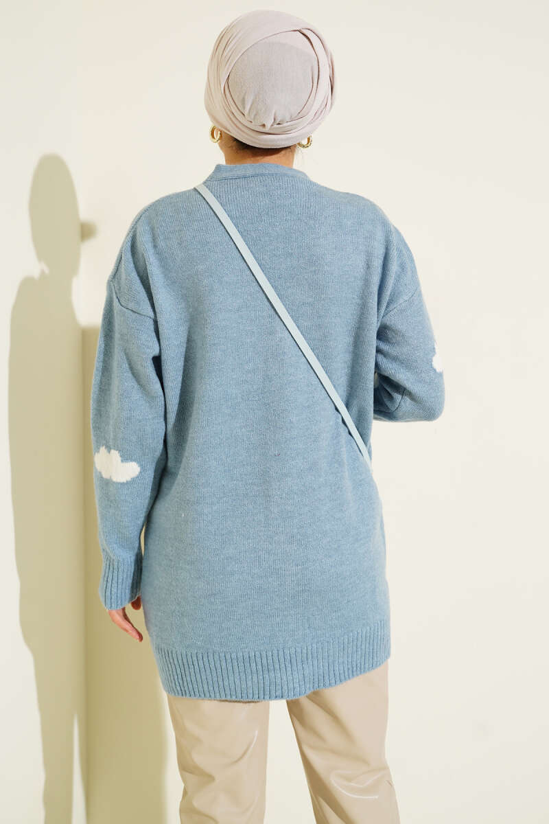 Cloud Pattern Button-Up Knit Cardigan Blue - الصورة 3