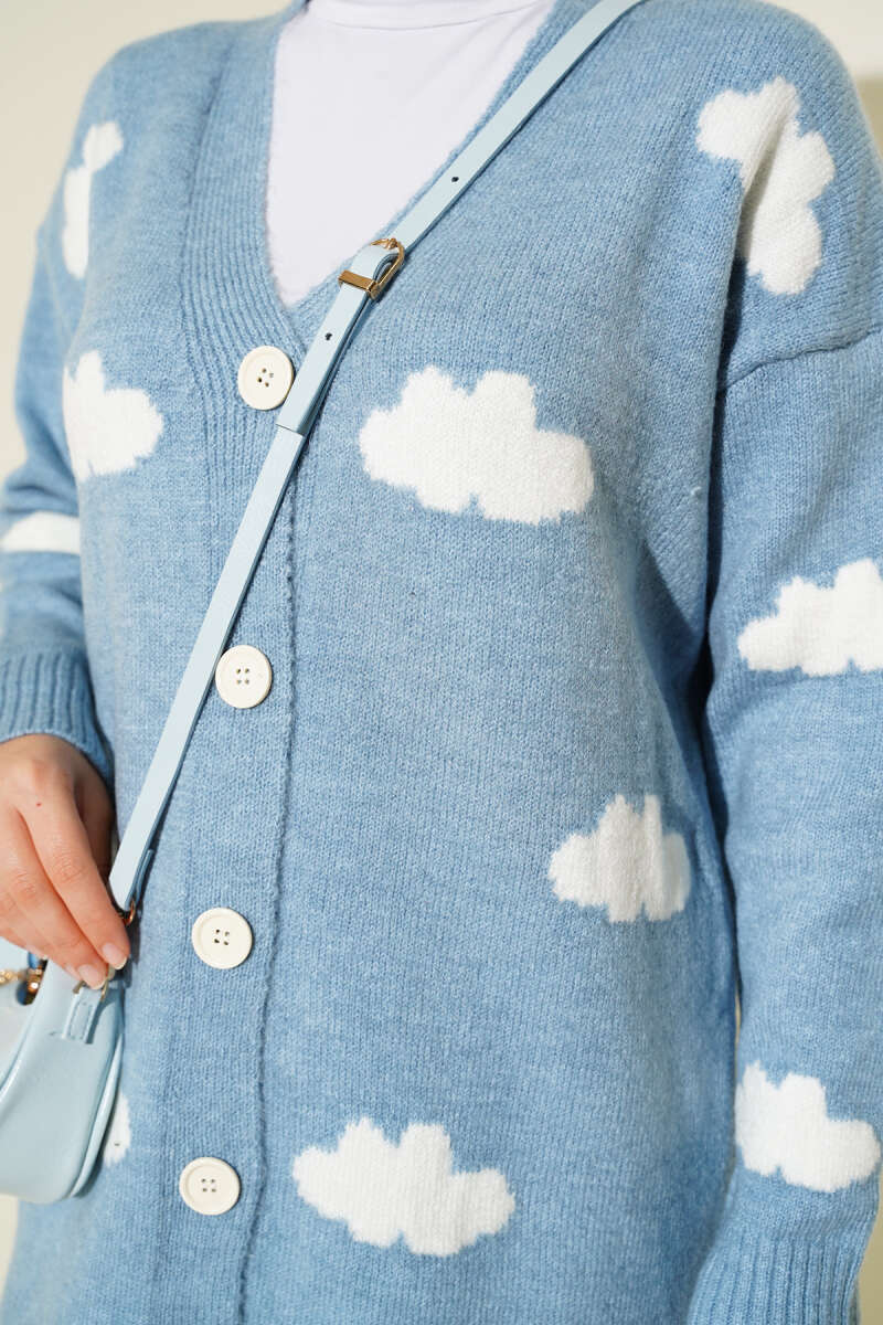 Cloud Pattern Button-Up Knit Cardigan Blue - الصورة 4