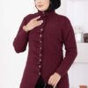 ⁦Gathered Detail Buttoned Angora Cardigan Burgundy⁩ - الصورة ⁦2⁩