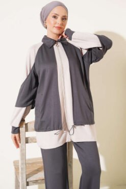 Alternative view of Gathered Detail-Accent Ribbed Two-Piece Set Smoke