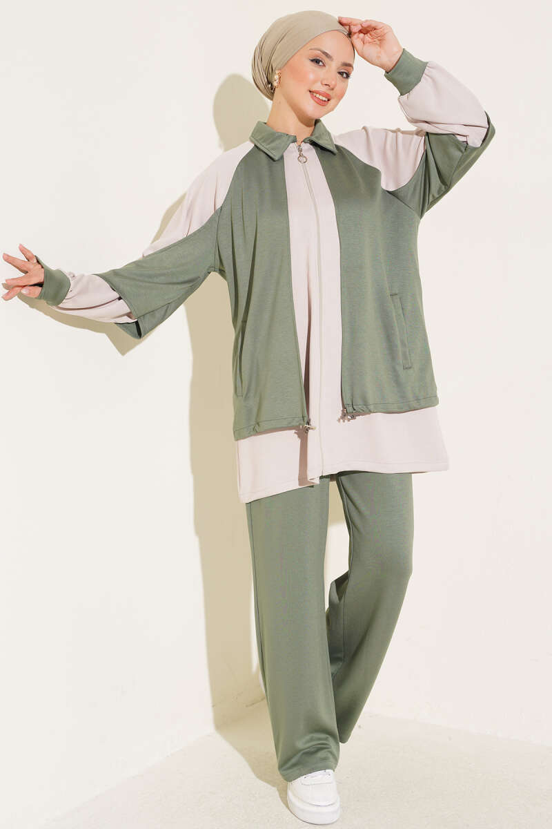 Gathered Detail-Accent Ribbed Two-Piece Set Khaki