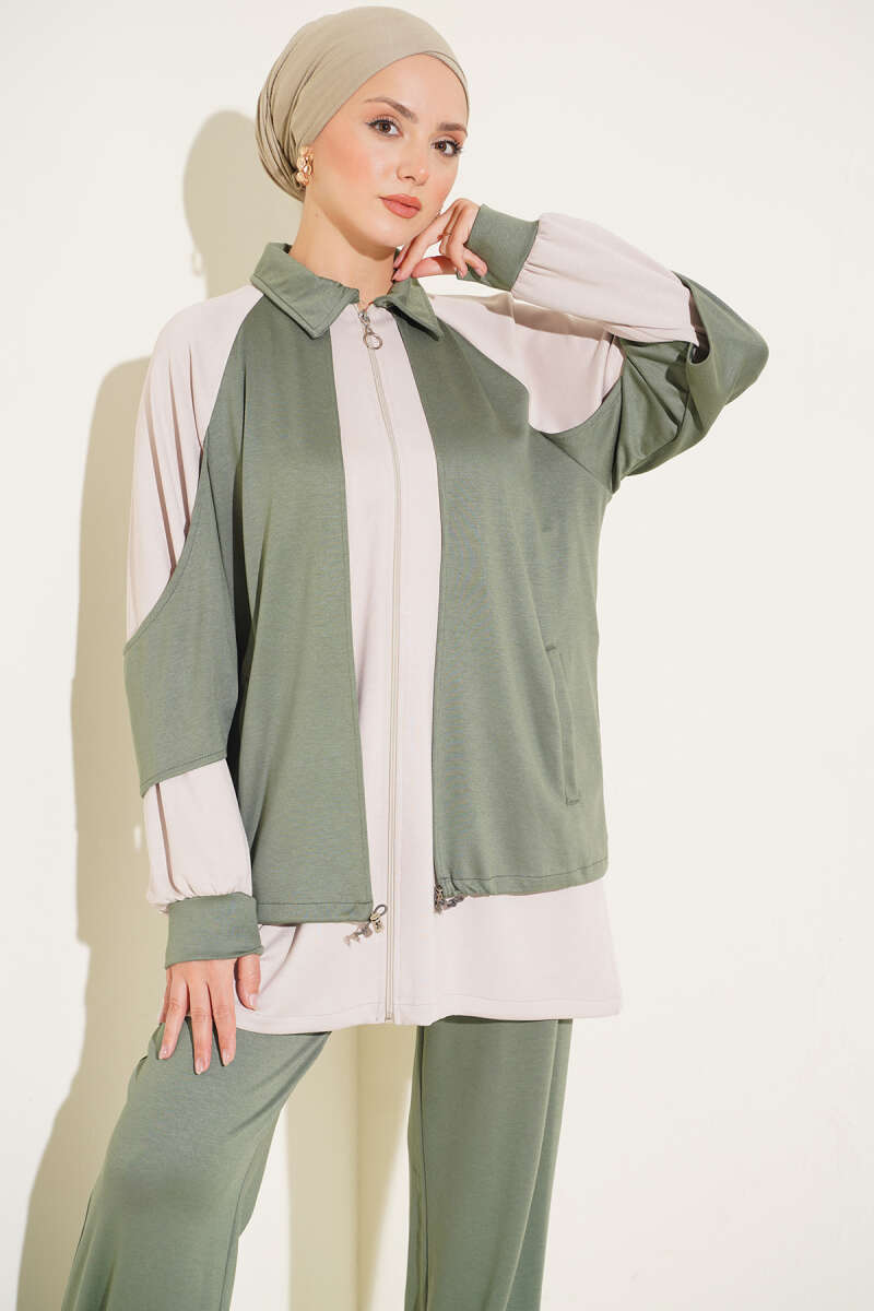 Gathered Detail-Accent Ribbed Two-Piece Set Khaki - immagine 2