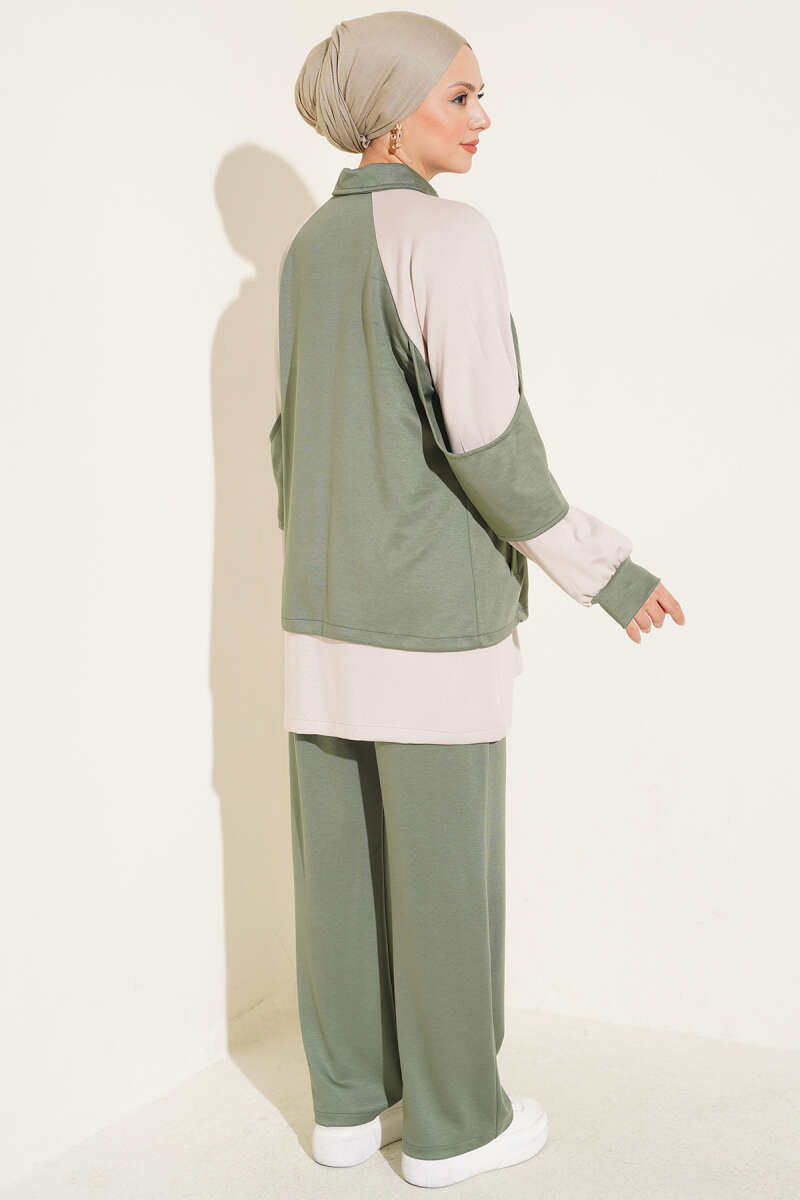 Gathered Detail-Accent Ribbed Two-Piece Set Khaki - immagine 3