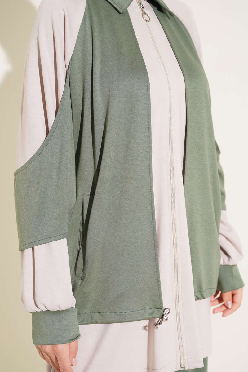 Gathered Detail-Accent Ribbed Two-Piece Set Khaki - immagine 4