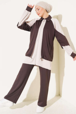 Gathered Detail-Accent Ribbed Two-Piece Set Brown