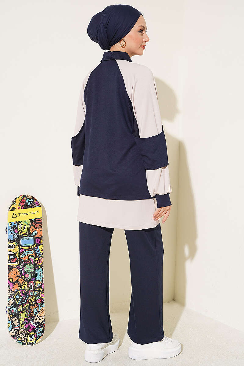 Gathered Detail-Accent Ribbed Two-Piece Set Navy Blue - Imagen 3
