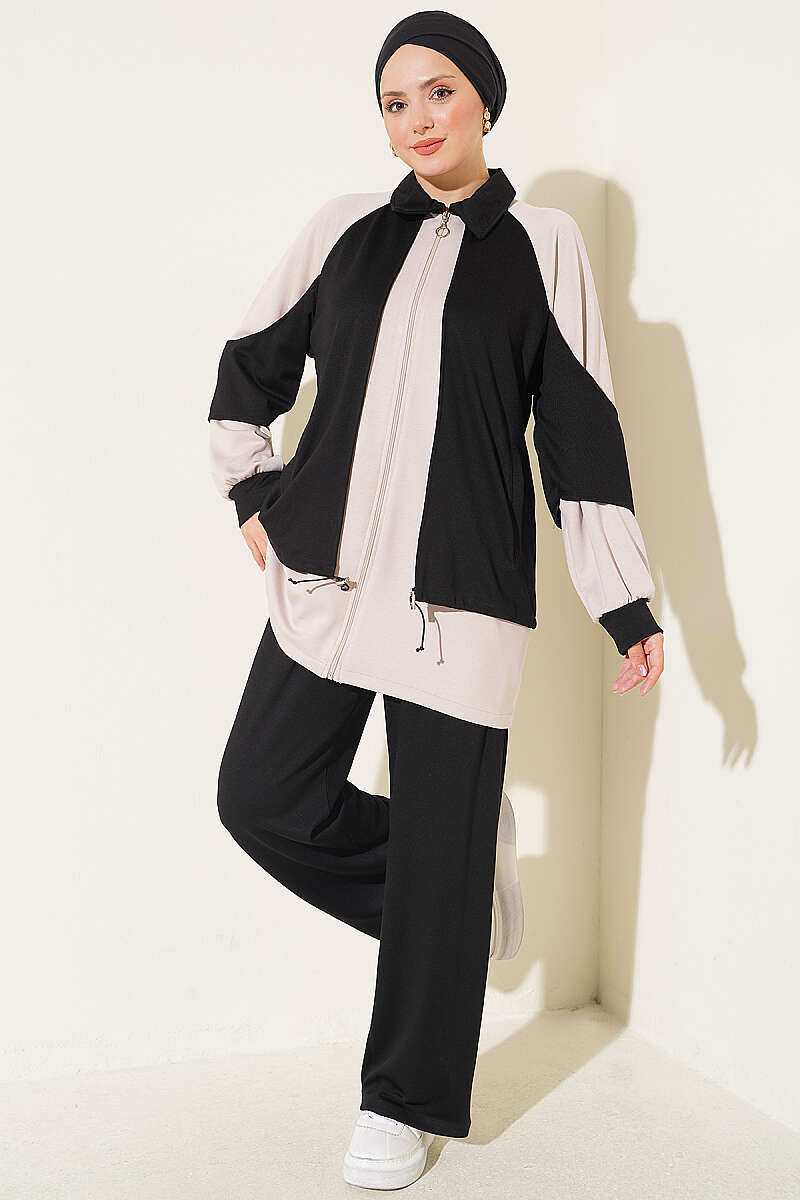Gathered Detail-Accent Ribbed Two-Piece Set Black