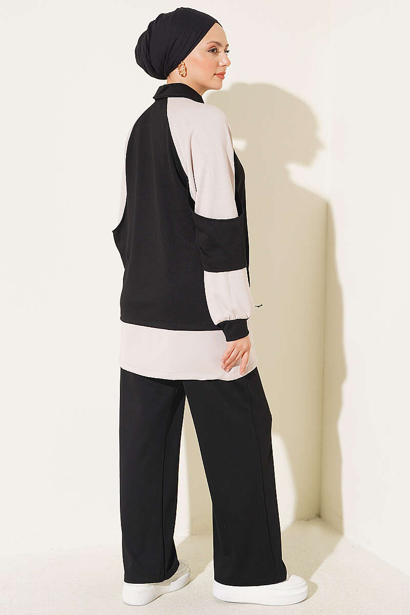 Gathered Detail-Accent Ribbed Two-Piece Set Black – Image 3