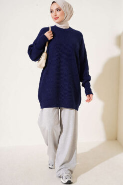 Alternative view of Cross-Fit Patterned Long Knit Tunic Navy Blue