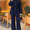 Pocket Flap Detail Belted Denim Two-Piece Set Navy Blue