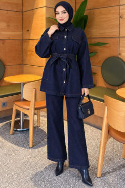 Pocket Flap Detail Belted Denim Two-Piece Set Navy Blue