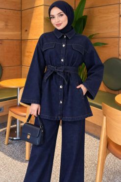 Alternative view of Pocket Flap Detail Belted Denim Two-Piece Set Navy Blue