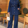 Pocket Flap Detail Belted Denim Two-Piece Set Blue