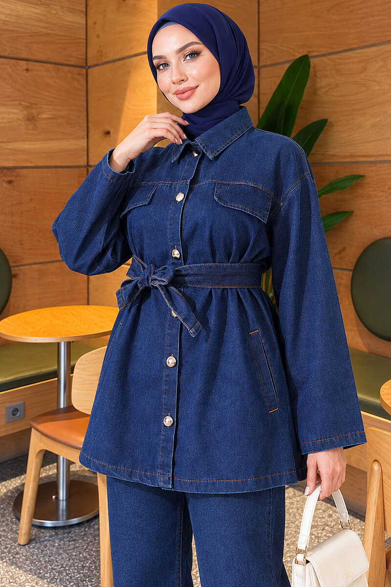 Pocket Flap Detail Belted Denim Two-Piece Set Blue - الصورة 2