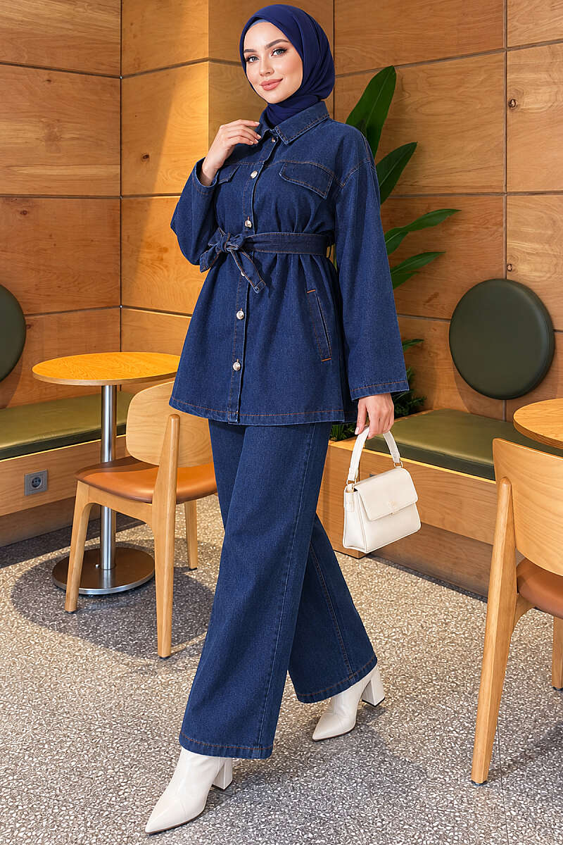Pocket Flap Detail Belted Denim Two-Piece Set Blue - الصورة 3