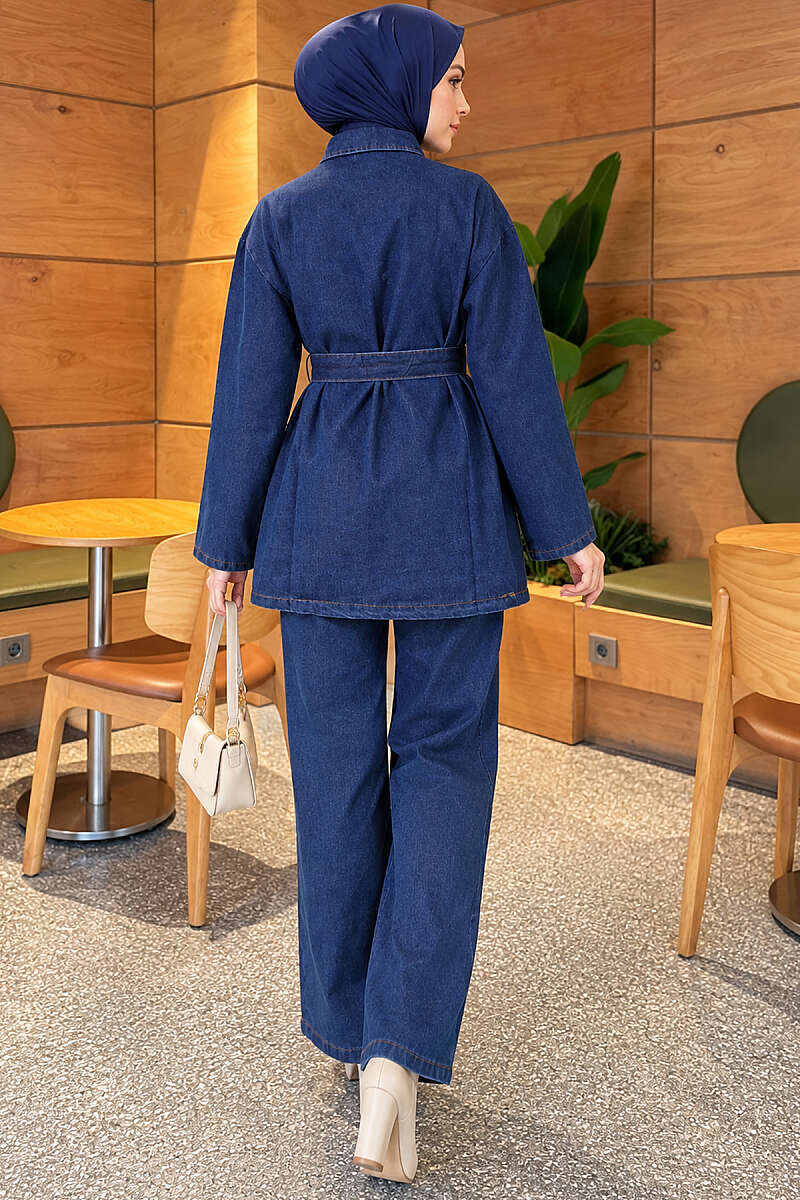 Pocket Flap Detail Belted Denim Two-Piece Set Blue - الصورة 4