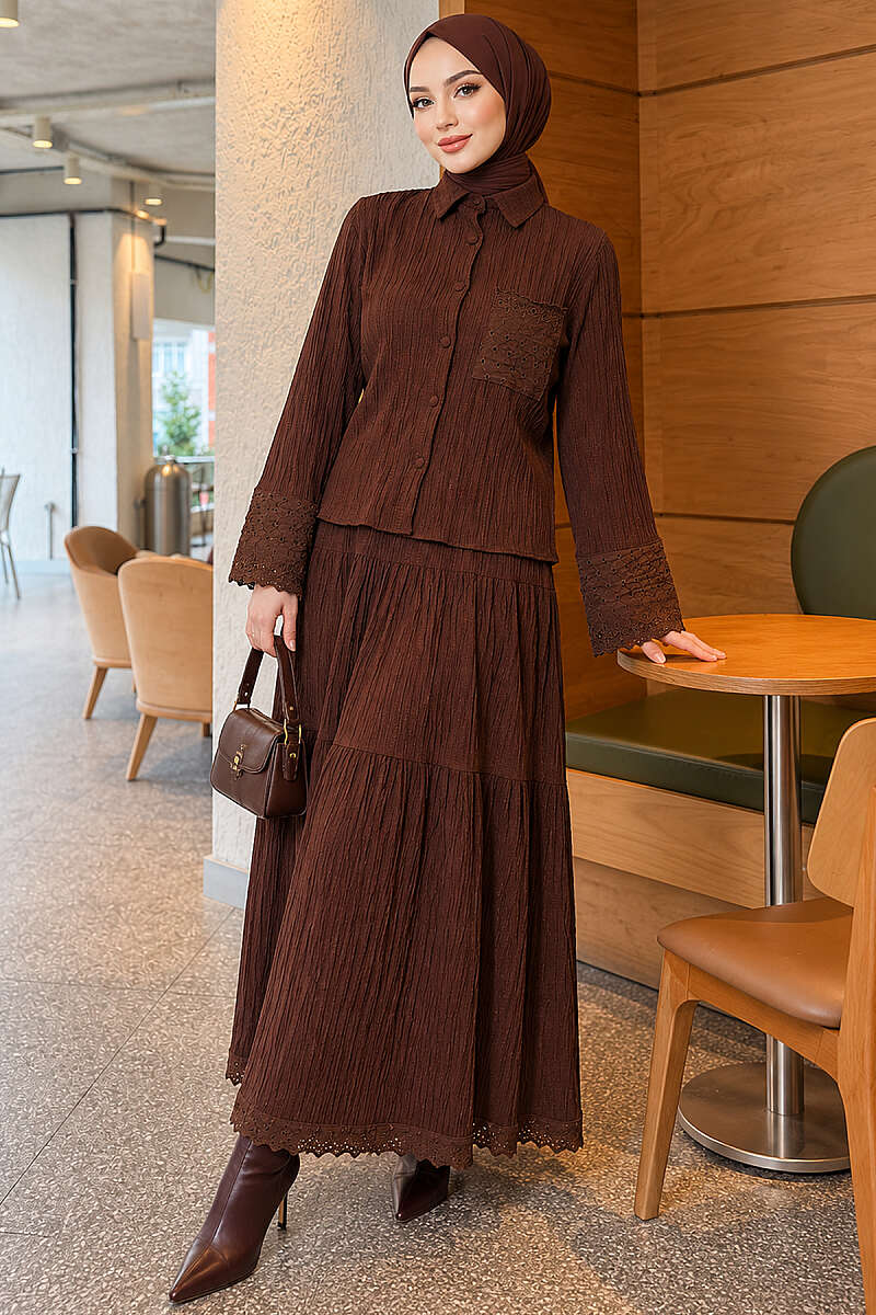 Waist-Banded Cape-Style Two-Piece Set Brown – Bild 5