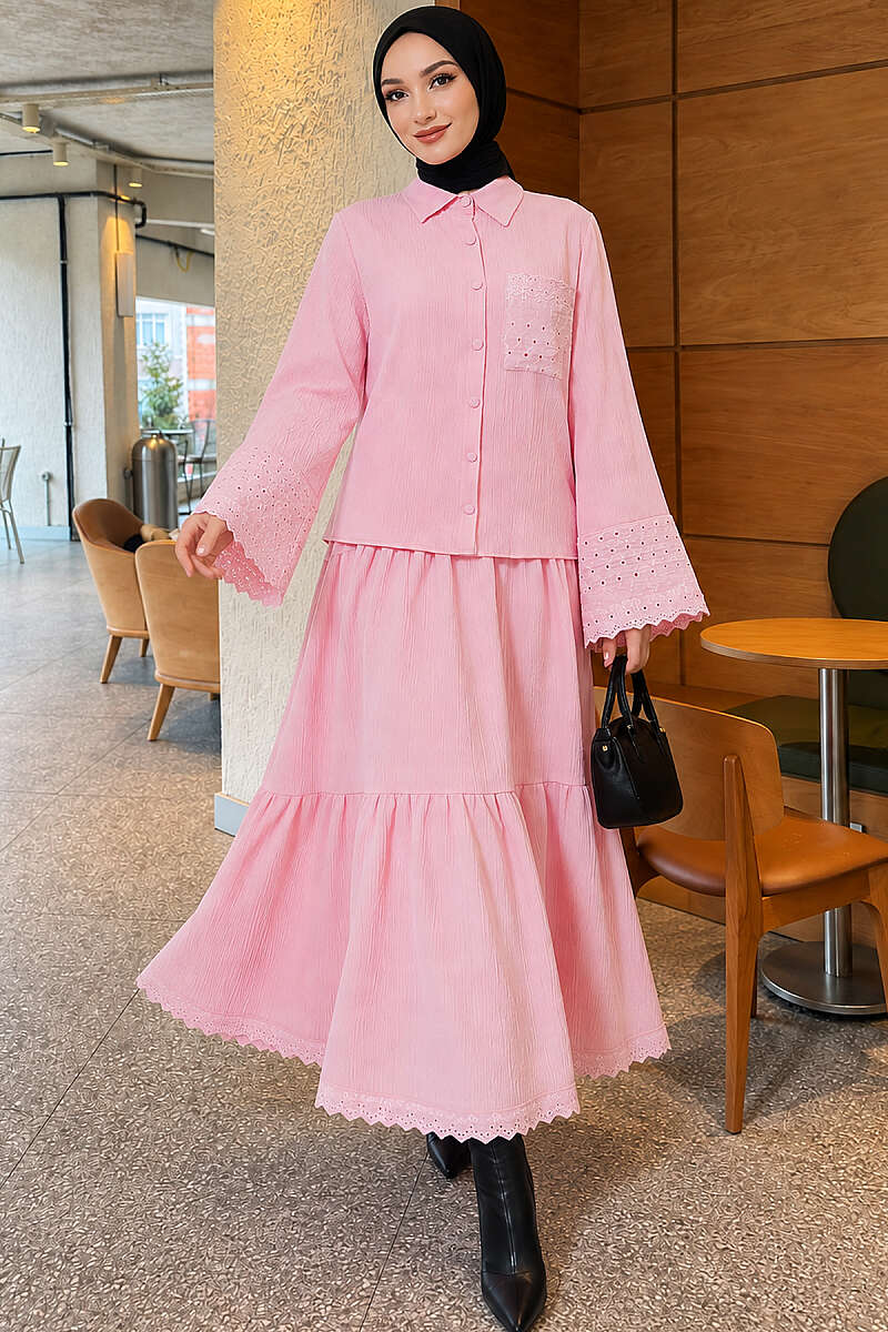 Color-block Polo Neck Two-Piece Set Pink - immagine 5