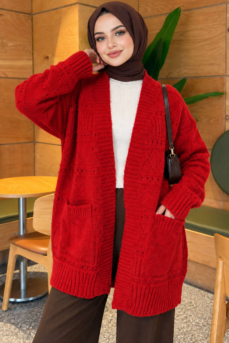 Buttoned French terry cardigan with pocket details Red