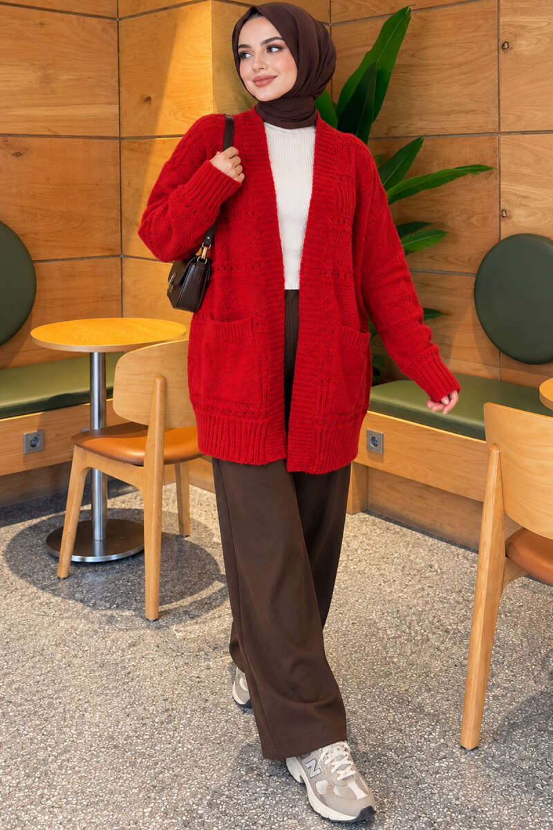 Buttoned French terry cardigan with pocket details Red - Image 2