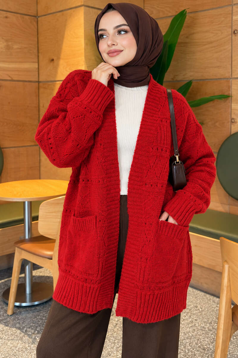 Buttoned French terry cardigan with pocket details Red - Image 3