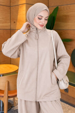 Alternative view of Pocketed French terry with zipper detail two-piece set Beige