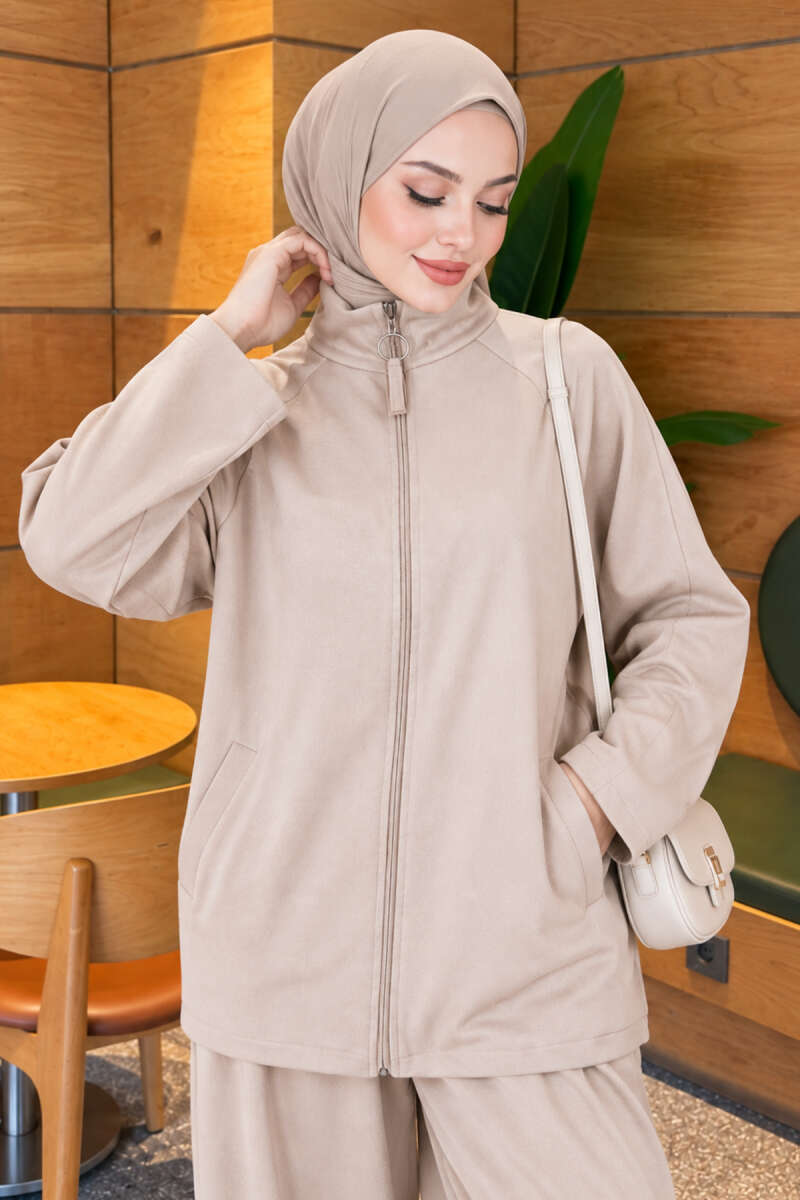 Pocketed French terry with zipper detail two-piece set Beige - Afbeelding 2