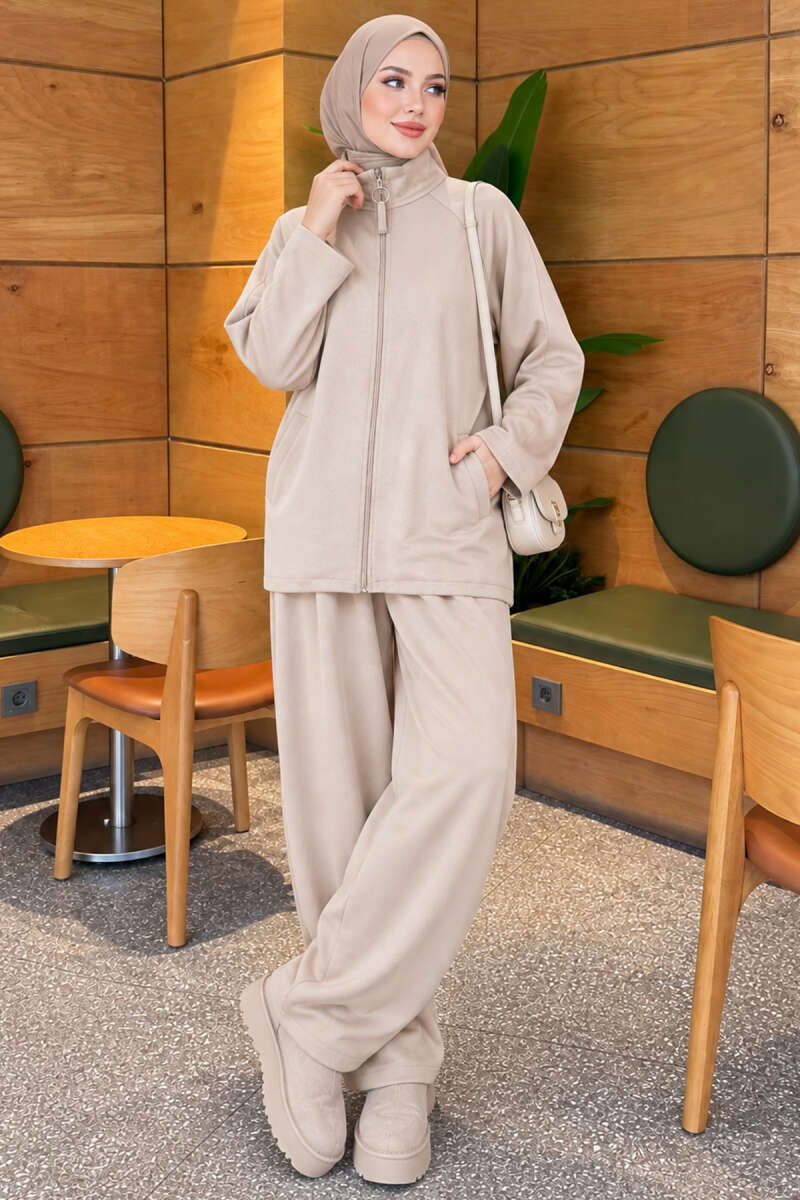 Pocketed French terry with zipper detail two-piece set Beige - Afbeelding 3