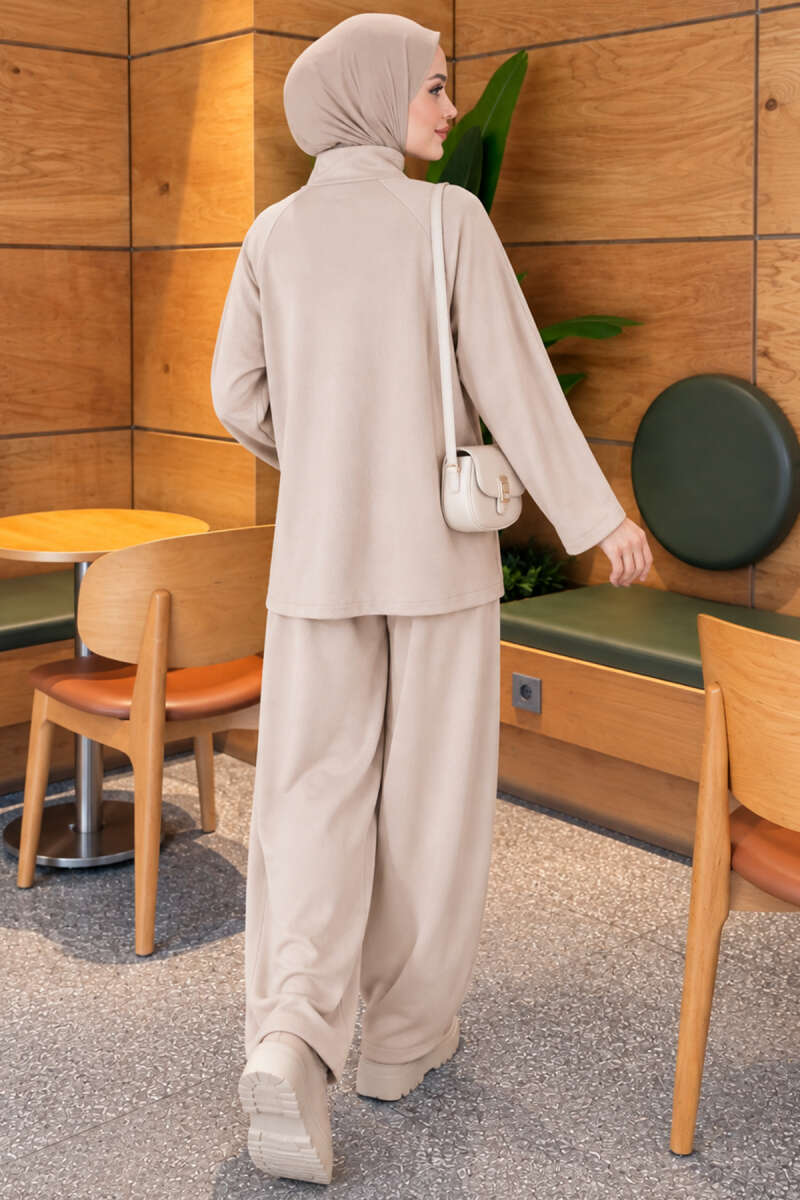 Pocketed French terry with zipper detail two-piece set Beige - Afbeelding 4