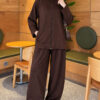 Pocketed French terry with zipper detail two-piece set Brown