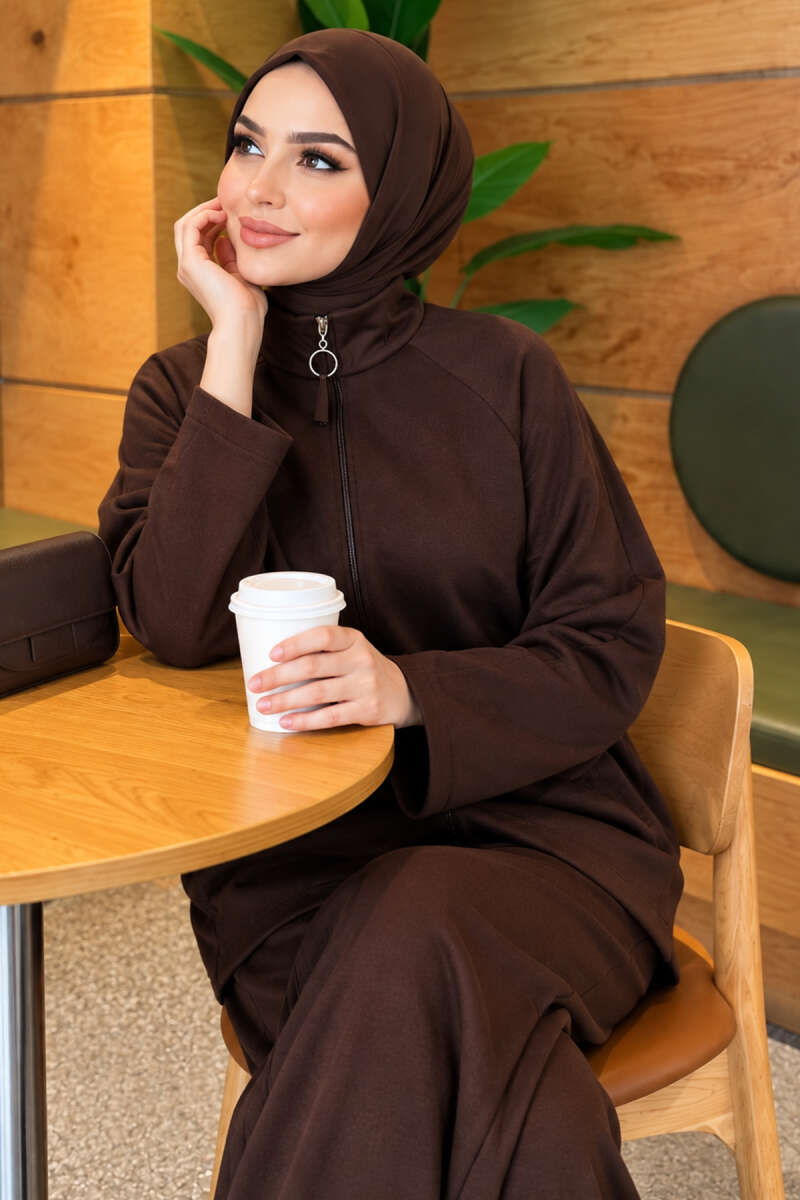Pocketed French terry with zipper detail two-piece set Brown - Afbeelding 2